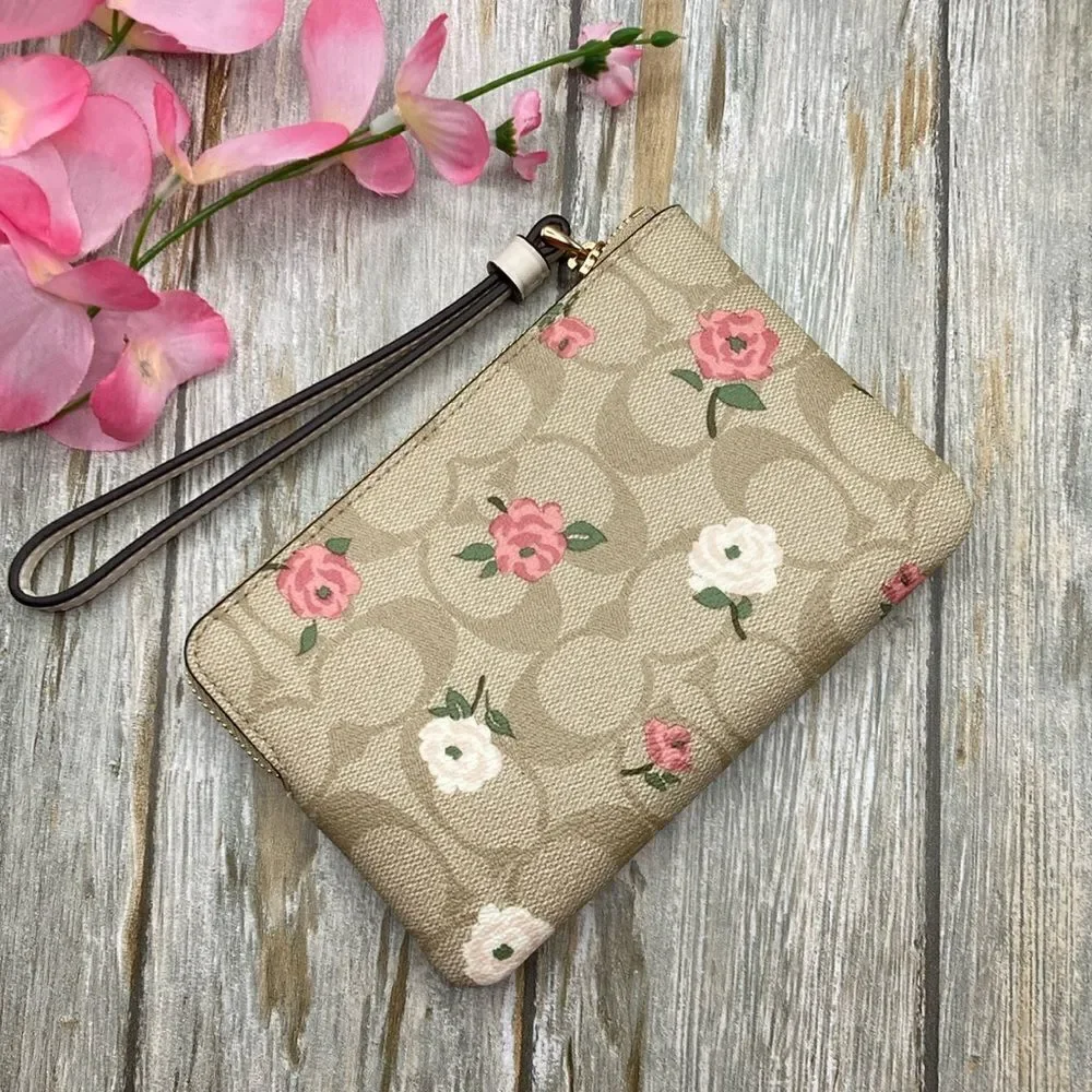 Coach Corner Zip Wristlet In Signature Canvas With Floral Print Wallet Bag Purse - Picture 5 of 7